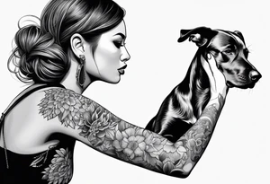 female dog reaching for the hand of a woman and she from back tattoo idea
