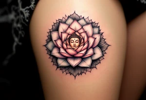A delicate lotus flower  placed in a circle shape, with the petals soft and flowing outward. In the center, a subtle Buddha's face or a small Om symbol to represent inner peace and enlightenment. tattoo idea