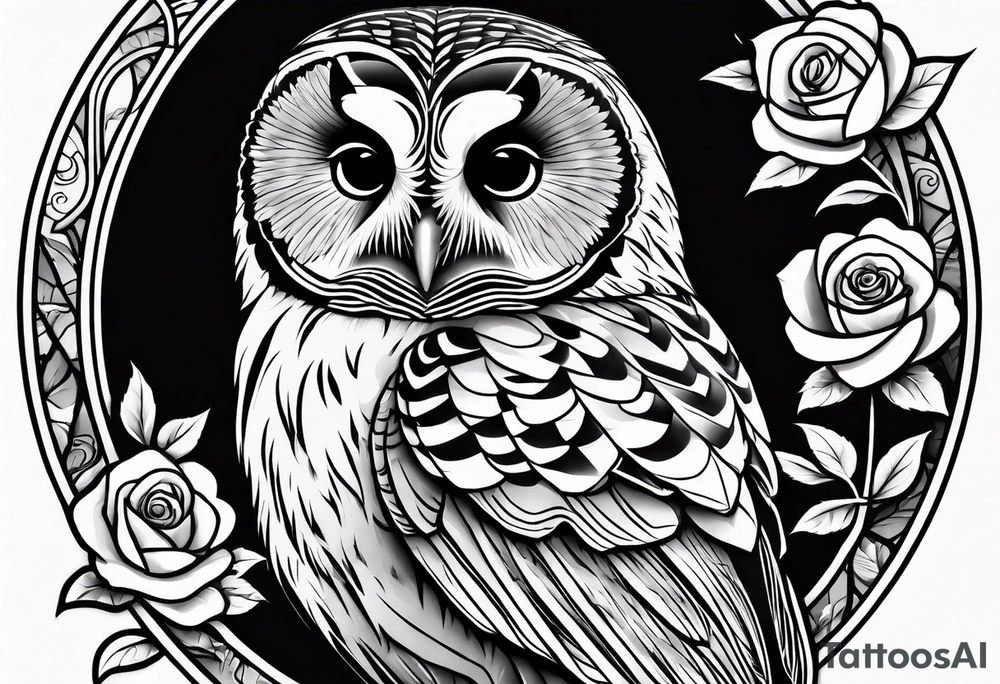 Barred owl with a single rose tattoo idea