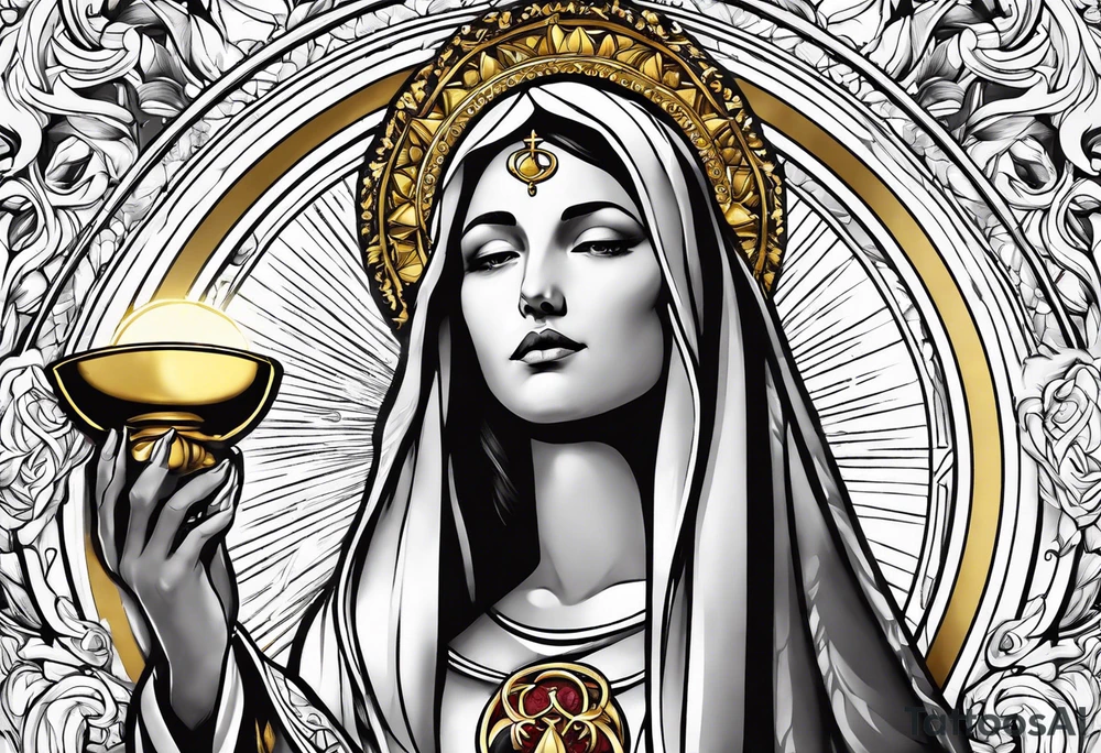 holy saint woman turned away with golden halo holding a chalice tattoo idea