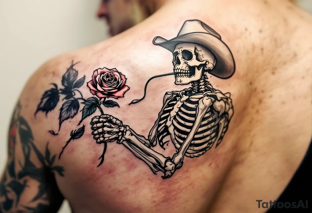 a full body skeleton cowboy with a rose in his mouth. tattoo idea
