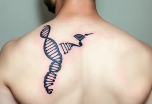 "Tattoo mimicking a DNA strand, but:  
- Base pairs replaced with Wi-Fi/Torrent logos  
- Caption: 'Open source enlightenment'  

Style: Bio-mechanical. Black/blue, bicep." tattoo idea