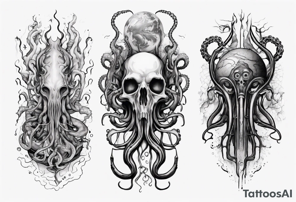 a tattoo on the theme of lovecraft, with tentacles that embrace the earth tattoo idea