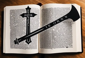 An opened bible with a battle Axe tattoo idea