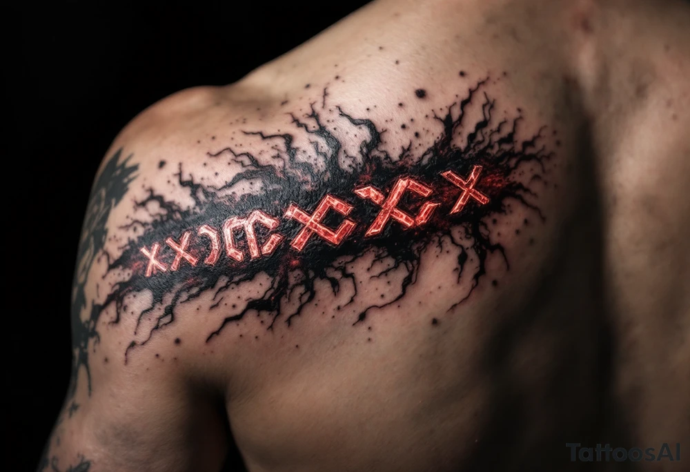 A tattoo featuring a vertical line of deep crimson Slavic runes, each carved with rough stone-like texture and glowing faintly, set against a black and smoky-gray background with subtle ash particles floating around. tattoo idea