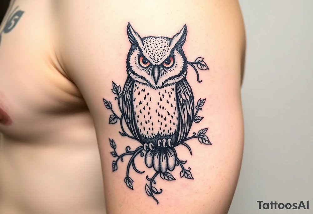 Vine wrapped around owl to where you can barely see the owl 333 in vine tattoo idea