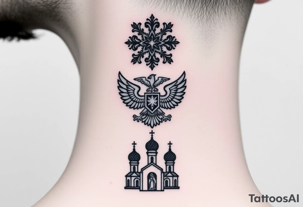 Stacked Vertical Column 

Russian star — bold
Middle: double-headed eagle — simplified, cleaner lines to suit the smaller space
Bottom: Orthodox church dome(s) & a Virgin Mary silhouette beneath tattoo idea