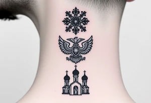 Stacked Vertical Column 

Russian star — bold
Middle: double-headed eagle — simplified, cleaner lines to suit the smaller space
Bottom: Orthodox church dome(s) & a Virgin Mary silhouette beneath tattoo idea