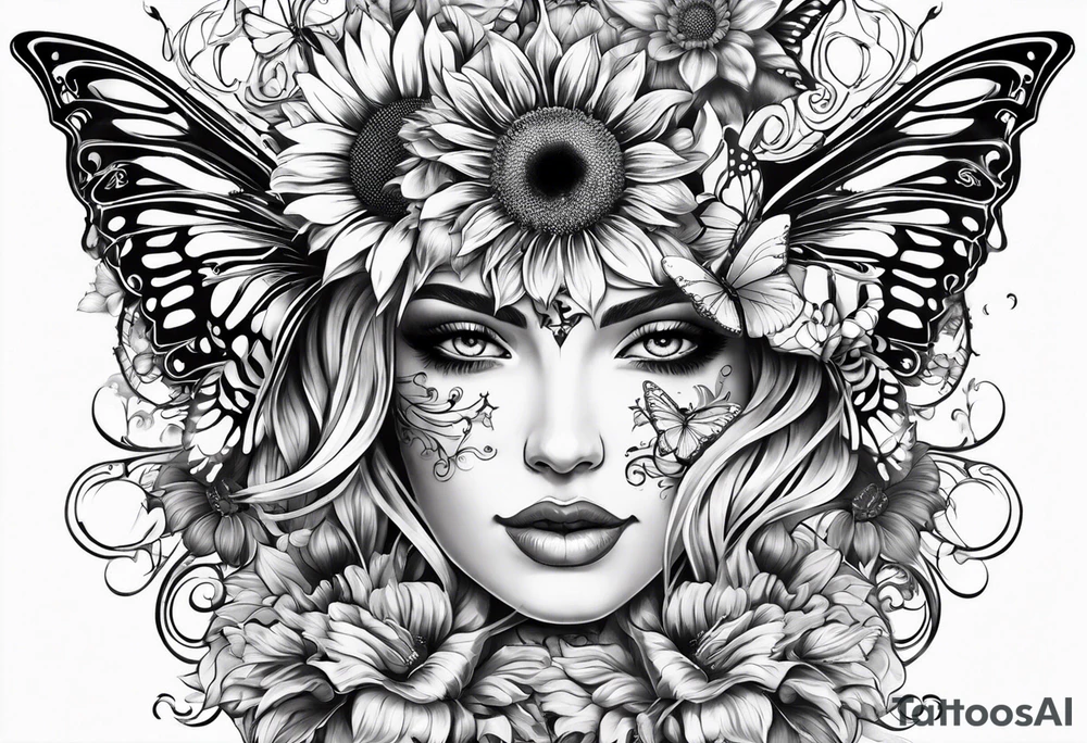 Arm sleeve with Winged cross with sunflower and butterflies tattoo idea