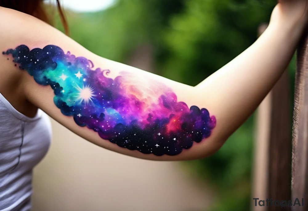 I want a nebula space galaxy s kinda shape 
tattoo that's colorful and bright and cute and is nice to look at I don't want a traditional circle I want it like the ones thay look like an s shape and this tattoo will be on my left buttcheek and light colors I want more spread and less circle side to life Left to right tattoo idea