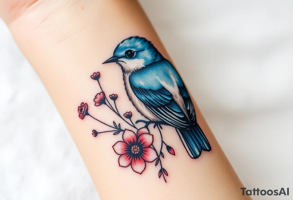 Puffy bluebird surrounded by wild flowers tattoo idea