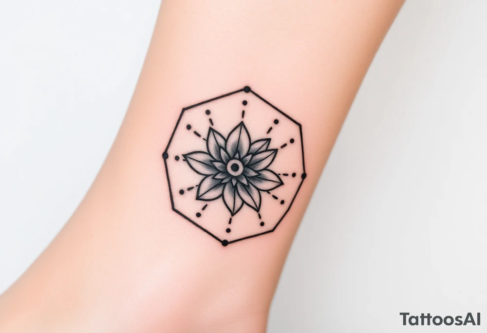Hexagon with astrological sign for Leo,  larkspur and water lilies in the center tattoo idea
