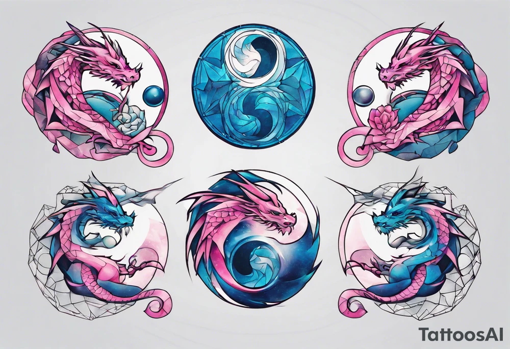 ying yang dragon stones blue & pink tattoo idea