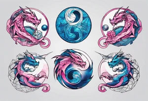 ying yang dragon stones blue & pink tattoo idea