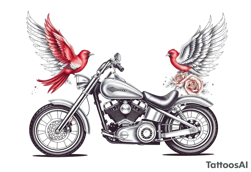 Harley grey motorcycle driving away, two red birds flying, roses, flames, angel wings tattoo idea