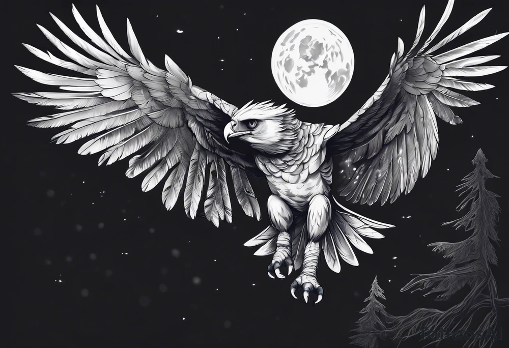 harpy eagle at night flying in the moonlight dark aesthetic tattoo idea
