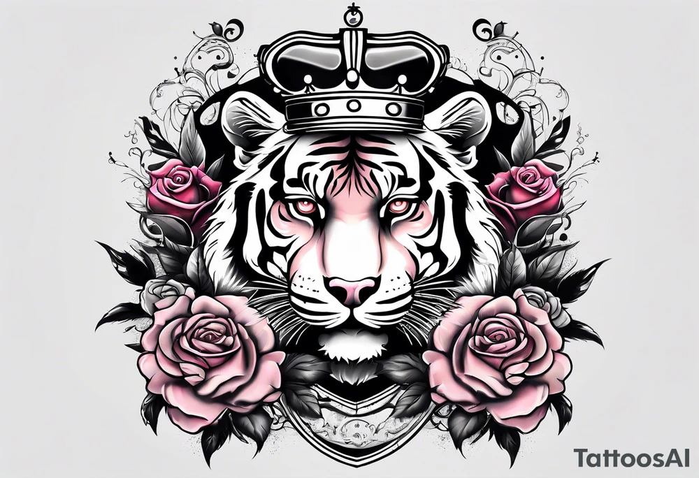 A tiger with crown and smoke rose times clocks tattoo idea