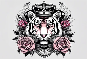 A tiger with crown and smoke rose times clocks tattoo idea