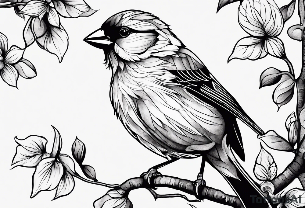 “Generate a simple tattoo design of a finch, showcasing its distinctive shape and a few delicate leaves to enhance the composition.” tattoo idea