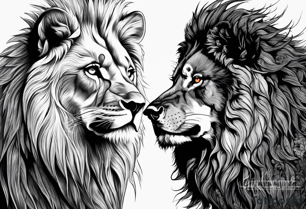 a face of a fearless lion combined whit a face of a fearless wolf in the wood tattoo idea