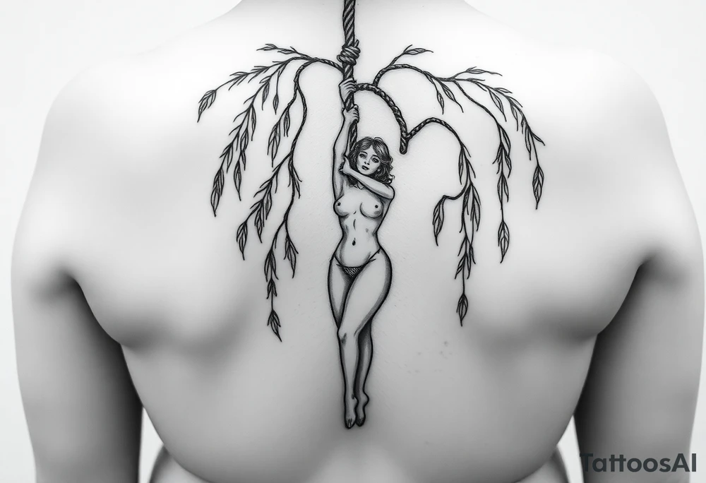 Fat naked sexy woman hanging with a noose around her neck dying from aweeping willow tree tattoo idea