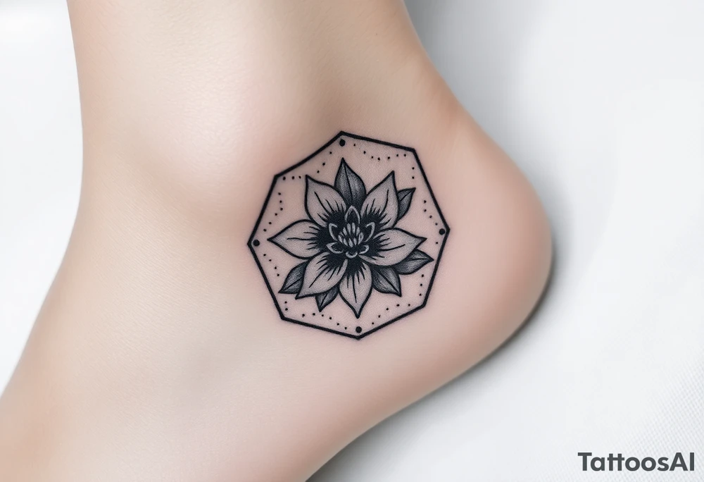 Hexagon with a Leo larkspur and water lilies in the center tattoo idea