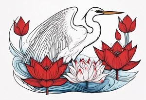 Egret and red lotuses tattoo idea