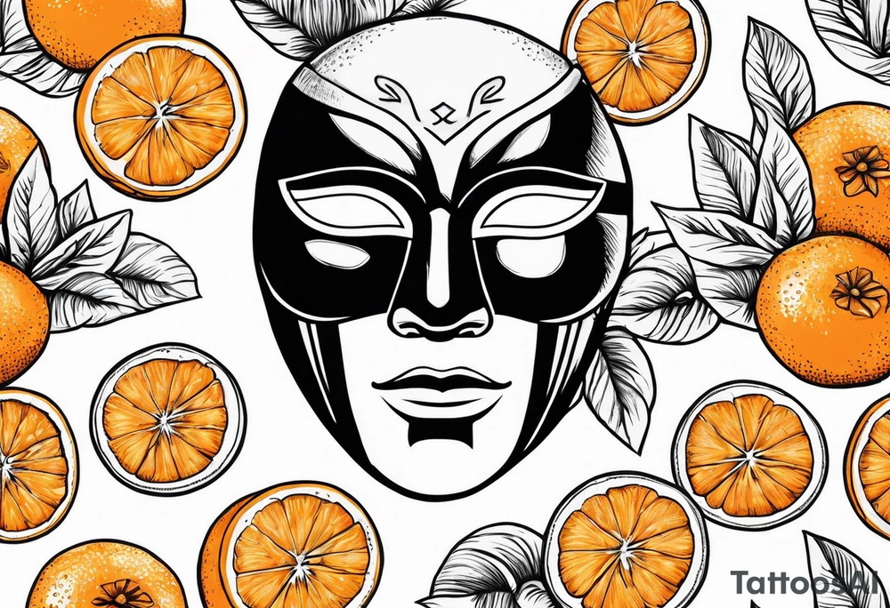 A whole orange fruit realistic ink drawing but the orange is wearing a zoro mask tattoo idea