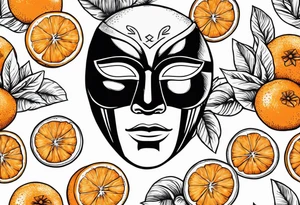 A whole orange fruit realistic ink drawing but the orange is wearing a zoro mask tattoo idea