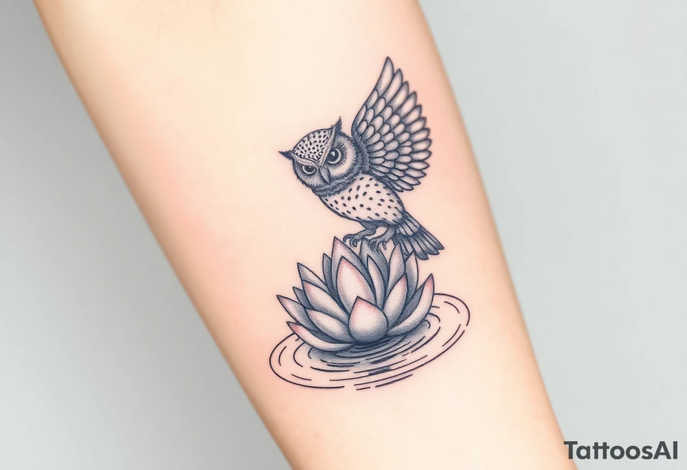 A wise owl grabbing a serene lotus flower that's emerging from sacred waters with ripples tattoo idea
