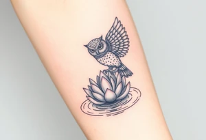 A wise owl grabbing a serene lotus flower that's emerging from sacred waters with ripples tattoo idea