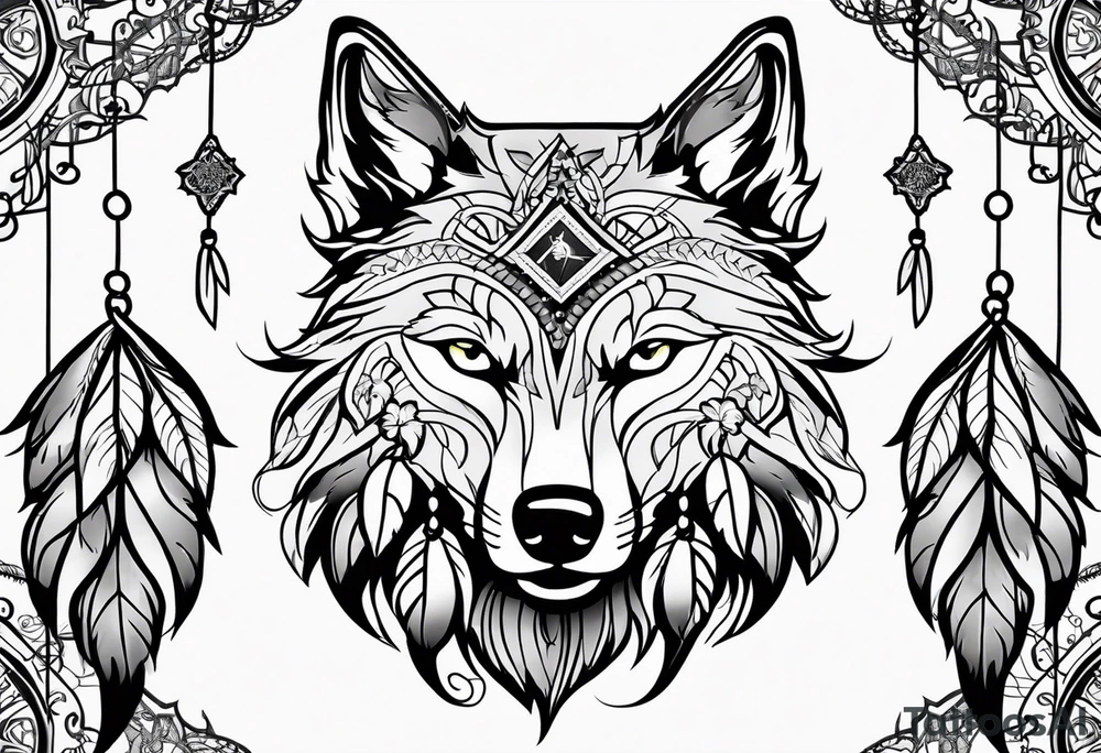 Dream catcher with a wolf head, four leaf clover and a scroll tattoo idea