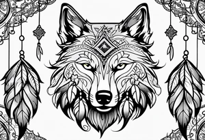 Dream catcher with a wolf head, four leaf clover and a scroll tattoo idea