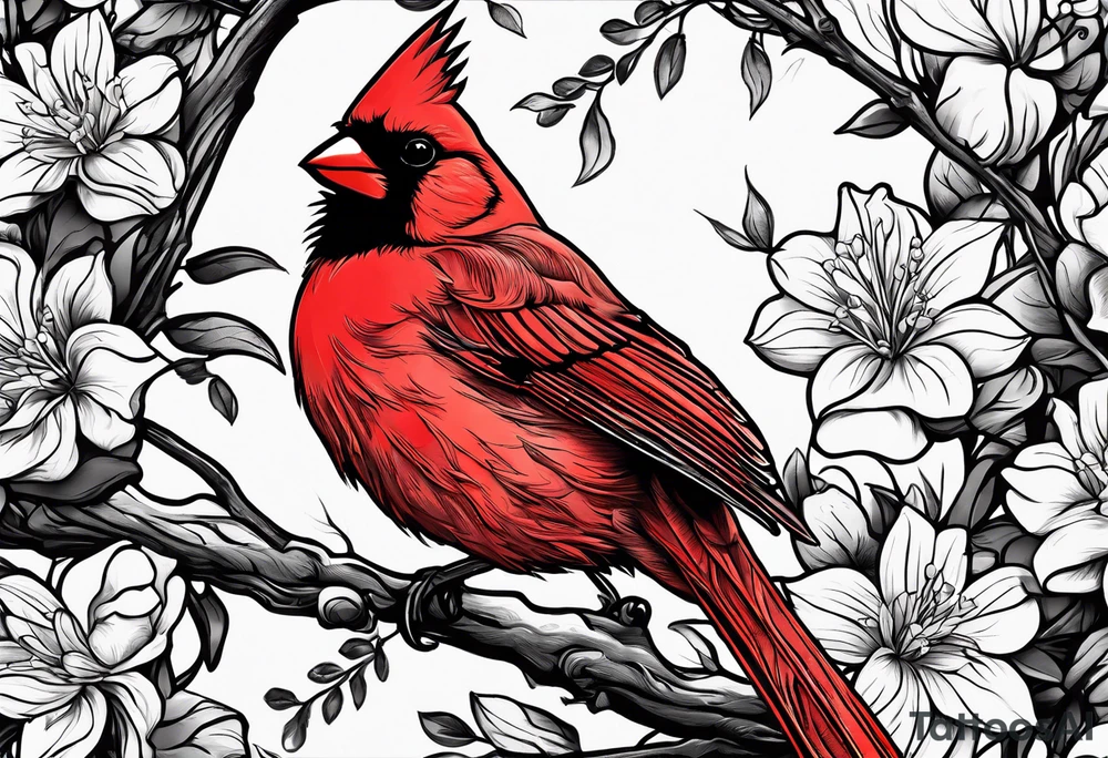 Trees, flowers, red cardinal, representing growth from grief tattoo idea