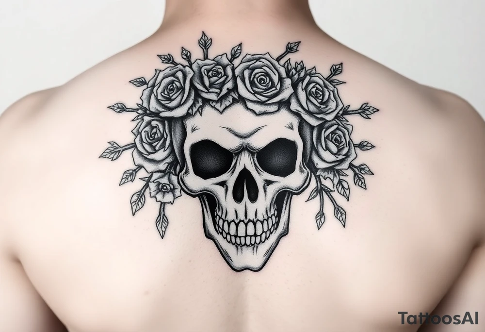 ornate skull adorned with crown of wild roses and thorns tattoo idea