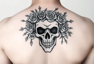 ornate skull adorned with crown of wild roses and thorns tattoo idea