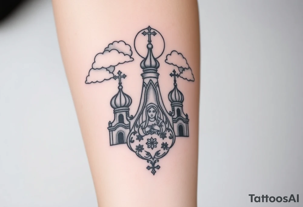 Russian Orthodox church with orthodox spire crosses, with clouds above it and a virgin mary seperately looking over hands on heart sat above tattoo idea
