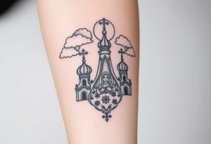 Russian Orthodox church with orthodox spire crosses, with clouds above it and a virgin mary seperately looking over hands on heart sat above tattoo idea