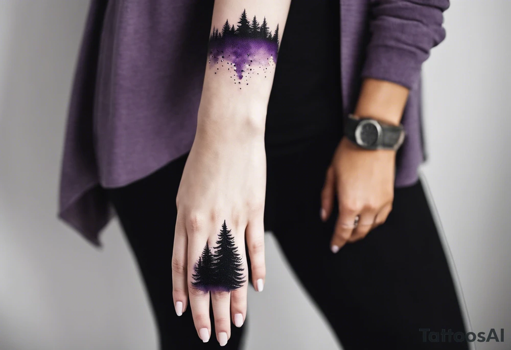 forest, abstract, on hand, no people, purple and black, full, whole wrist wrapped, filled, blackwork tattoo idea