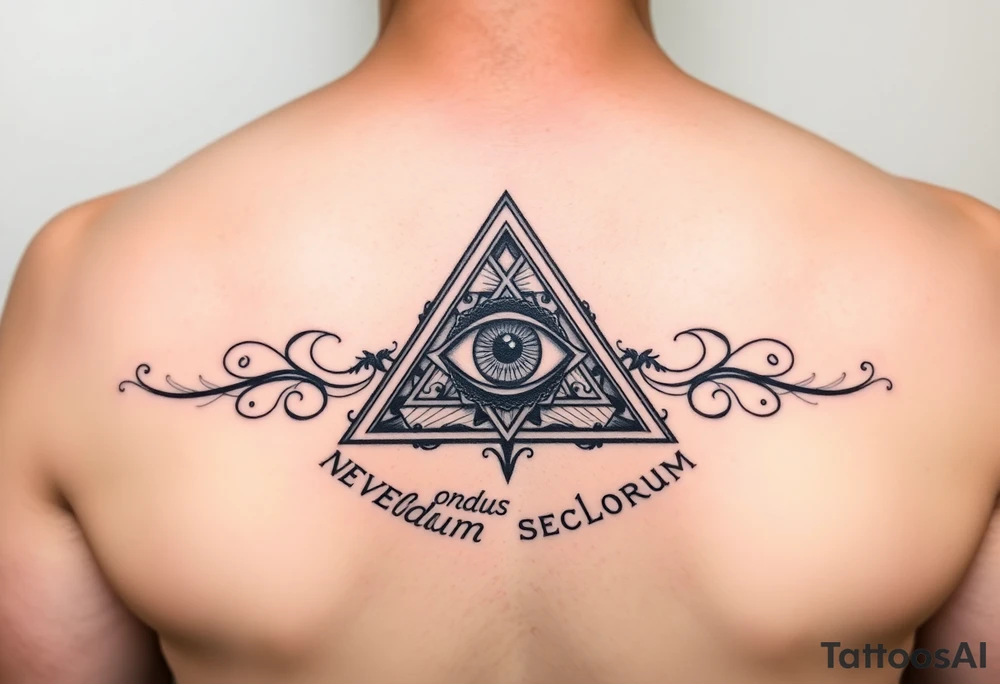 Pyramid with eye in the center, surrounded by words - novus ordum seclorum tattoo idea