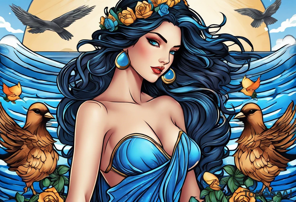 Aphrodite is the goddess of love, with a seaside background, surrounded by birds.. blue roses frames, background blue,present it in a tattoo, black hair, love motives tattoo idea