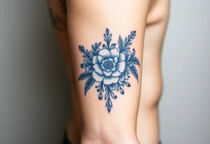 forearm porcelain blue style with ornate and floral decor with a detailed banded border at the wrist and elbow. tattoo idea