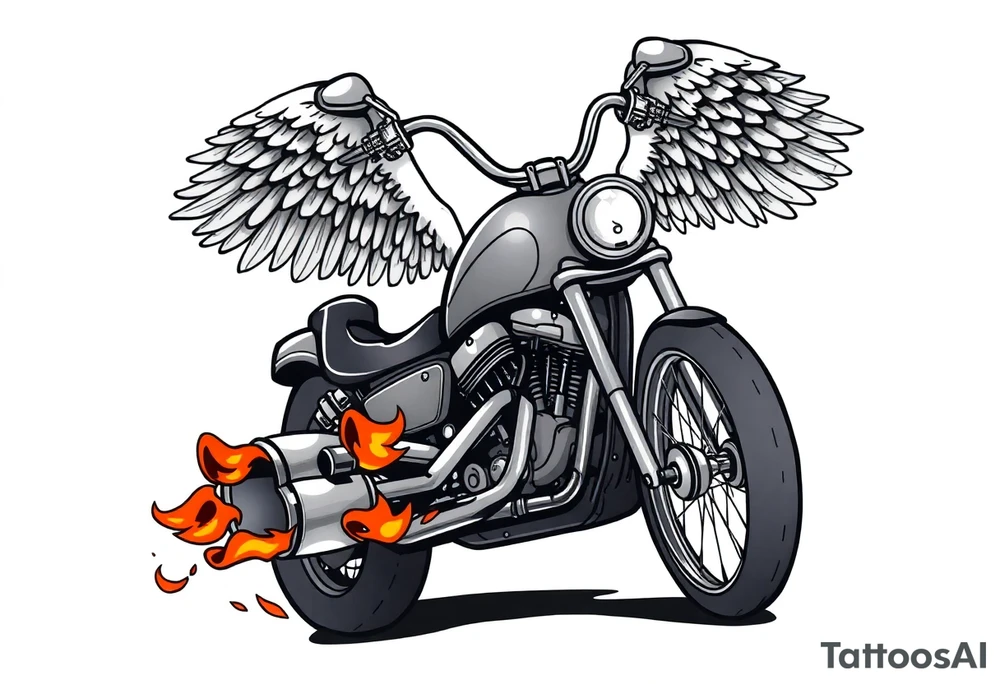 Low rider grey motorcycle, big muffler pipes with flames, angel wings, driving away, no person tattoo idea