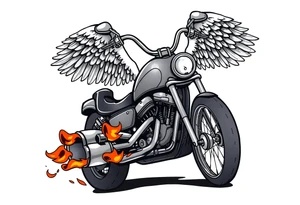 Low rider grey motorcycle, big muffler pipes with flames, angel wings, driving away, no person tattoo idea