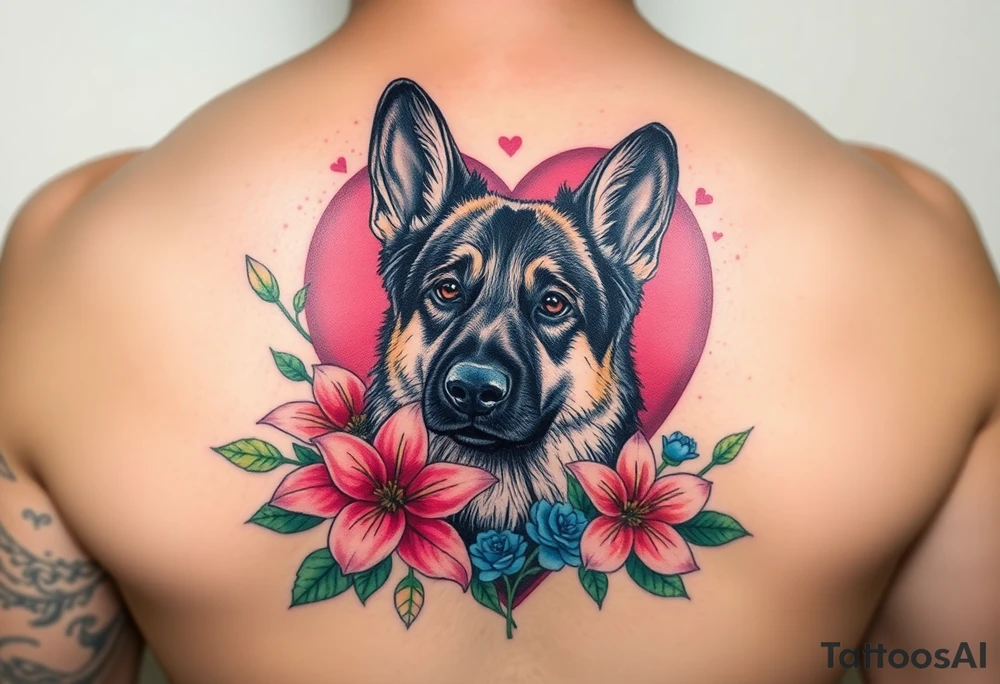 realistic german shepherd dog with floral lilies watercolour style colourful pink blue and green in front of a sacred heart tattoo idea