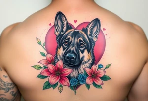 realistic german shepherd dog with floral lilies watercolour style colourful pink blue and green in front of a sacred heart tattoo idea