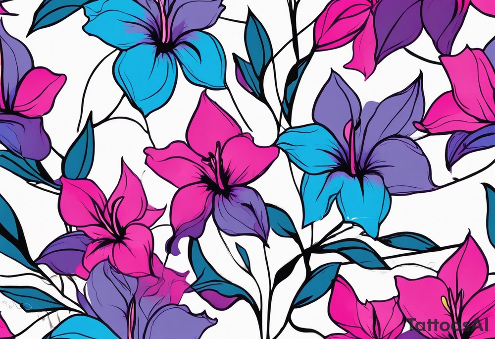 brushstroke abstract pink, purple, and blue mandevilla flowers on a vine, with color leaking out into the background. SOme of the flowers should be full color, and some just linework. It should have a handdrawn, sketch feel. tattoo idea