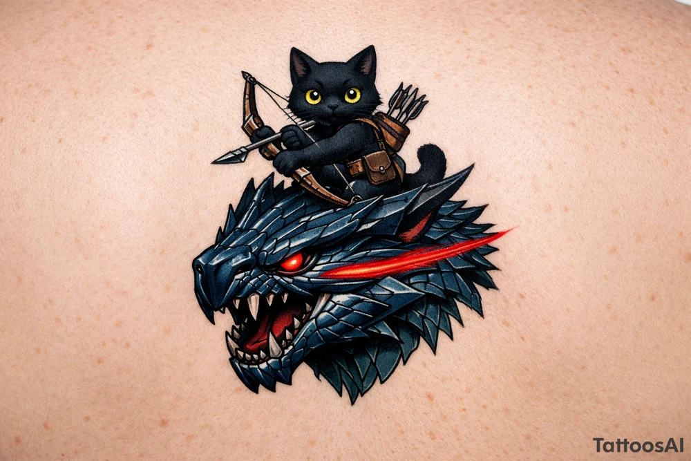 A vertical fantasy tattoo illustration of a cute black Palico feline cat riding on the back of a sleek Nargacuga wyvern dragon. The dragon must have smooth, sleek, interlocking metallic reptilian scales with an aerodynamic texture, zero fur, and zero feathers. The camera is a close-up vertical portrait showing the full cat on top holding a hunter's bow and arrow, and the dragon's snarling head and shoulders directly below it. Color palette: The dragon is colored in a rich mix of dark steel blue and deep teal gradients, with a sharp, glowing neon-red streak trailing backwards from its eye. The cat is matte black with large glowing yellow eyes. Crisp clean outlines, solid white background, stencil ready, high fantasy digital concept art. tattoo idea