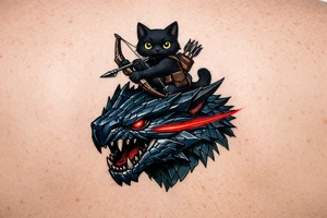 A vertical fantasy tattoo illustration of a cute black Palico feline cat riding on the back of a sleek Nargacuga wyvern dragon. The dragon must have smooth, sleek, interlocking metallic reptilian scales with an aerodynamic texture, zero fur, and zero feathers. The camera is a close-up vertical portrait showing the full cat on top holding a hunter's bow and arrow, and the dragon's snarling head and shoulders directly below it. Color palette: The dragon is colored in a rich mix of dark steel blue and deep teal gradients, with a sharp, glowing neon-red streak trailing backwards from its eye. The cat is matte black with large glowing yellow eyes. Crisp clean outlines, solid white background, stencil ready, high fantasy digital concept art. tattoo idea