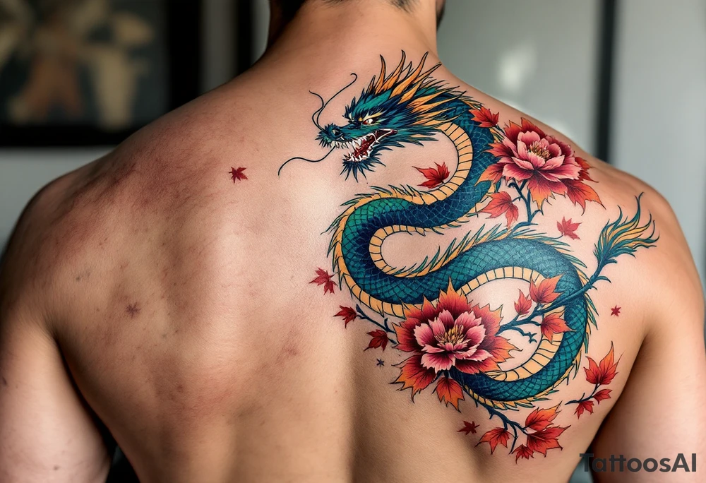 A full-back irezumi tattoo depicting a fierce blue and green dragon coiled around pink peonies and fiery red maple leaves, with black ink wind bars and soft gray shading that flows across the shoulders and down the arms. tattoo idea